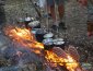 A bush cooking fire with lots of pots hanging