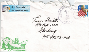 envelope of a letter from Dick Proenneke, from 1996