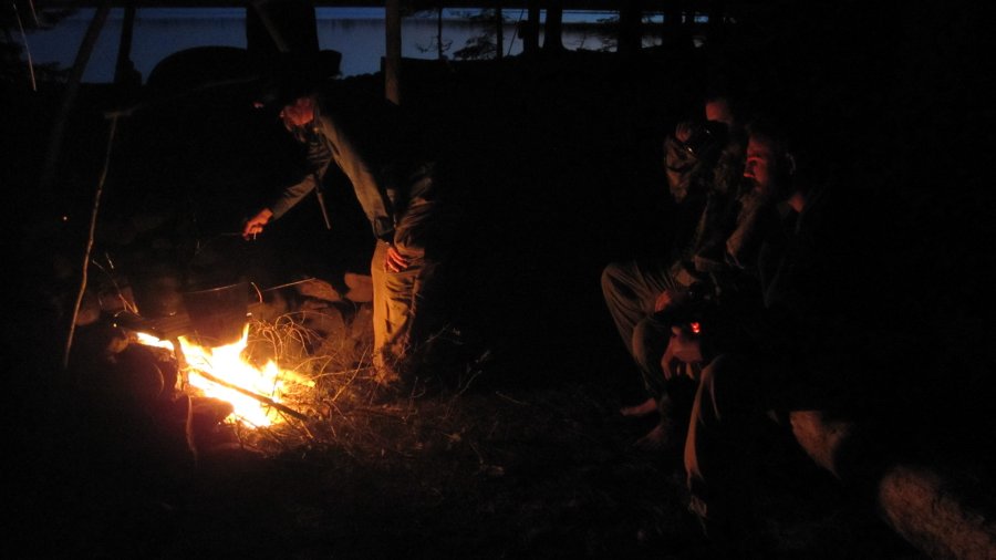 Fire alongside a remote lake in northern Maine