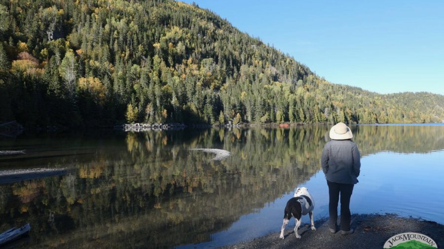 A dog and his girl looking across the lake at the mountain.