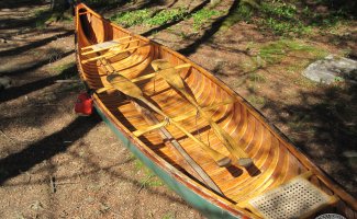 wood canvas canoe, ready to carry