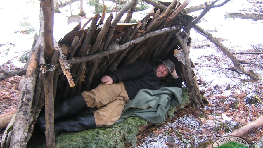 small lean-to made with birch bark