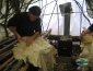 pulling a deer hide in a homemade sauna